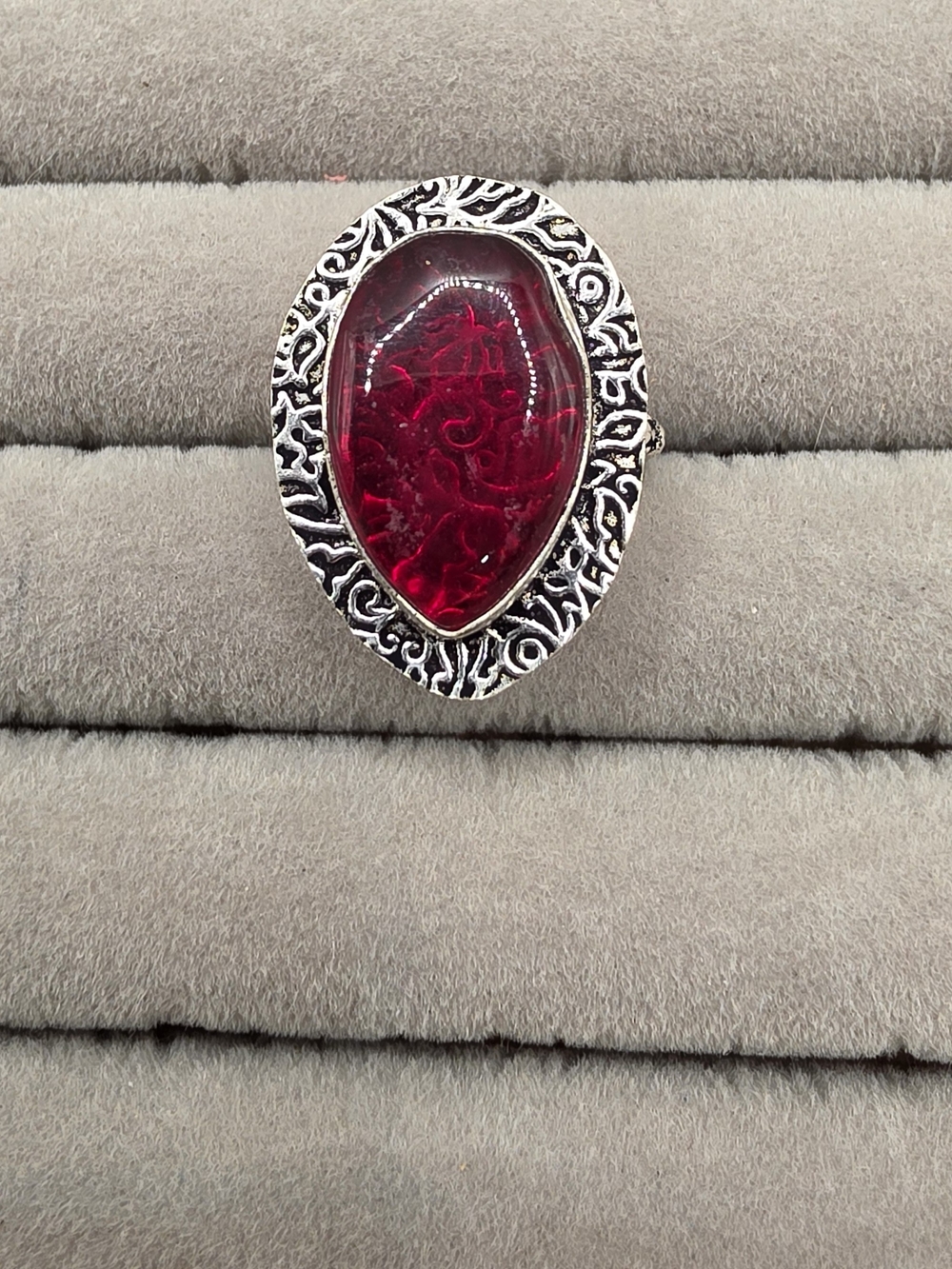 Silver Plated Ornate Red Statement Ring Size 7 1/2